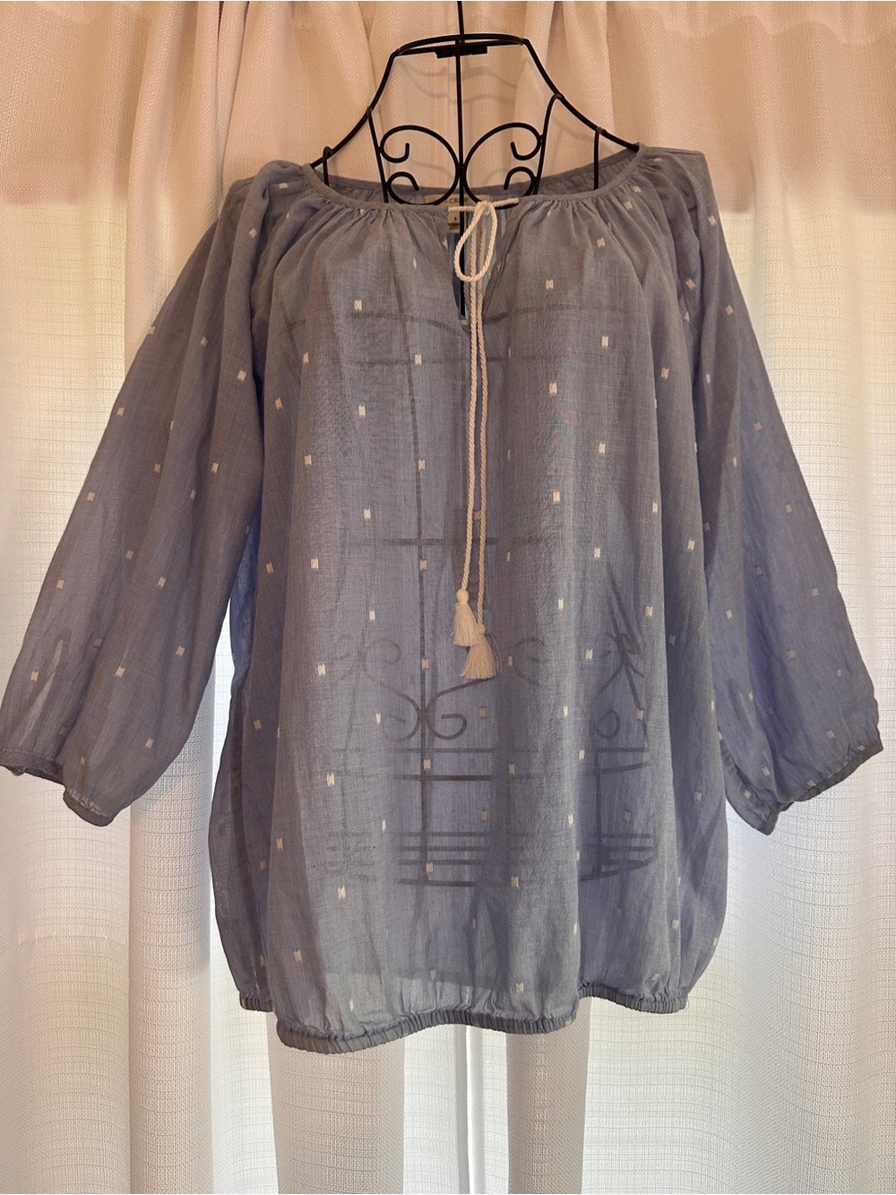 J. Crew Light Blue Dot Peasant Blouse with Tassel Tie